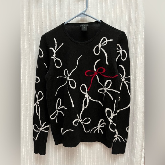 Ann Taylor pullover sweater black white red ribbon bows cotton size M - Picture 6 of 8
